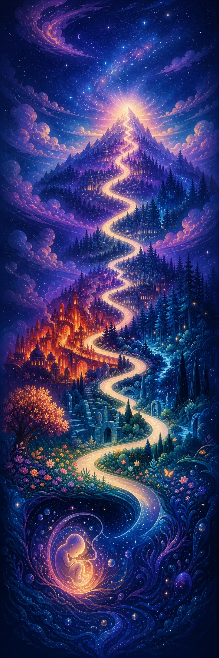 英雄之旅的金色小径通向一座发光的山